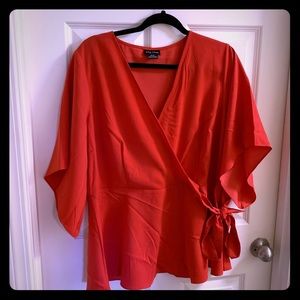 City Chic Faux Wrap Kimono Sleeve Blouse Coral